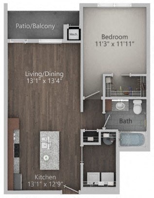 Floor plan for 1 bed, 1 bath, 732 sqft